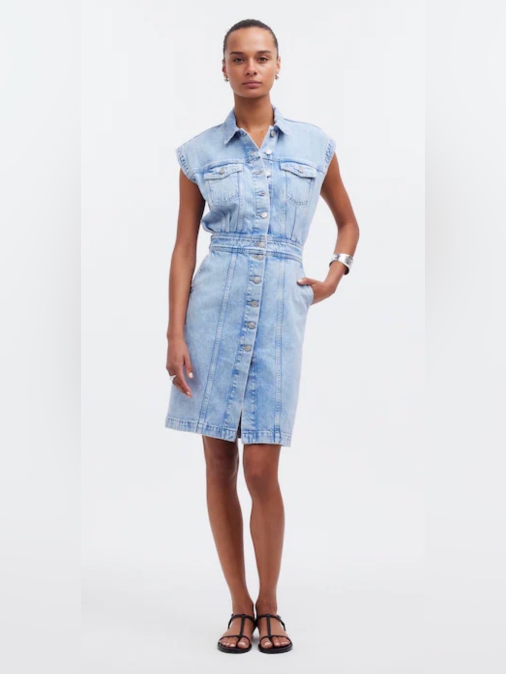 Denim Cap-Sleeve Shirtdress in Aquino Wash